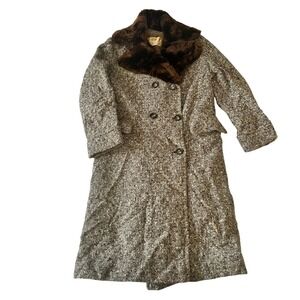 Vintage 60s 70s Mark V Tweed Alpaca Blend Over Coat Faux Fur Collar Sz S